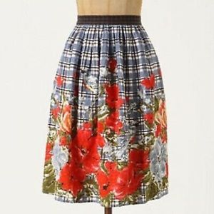 Anthropologie Plaid and Floral A-Line Skirt